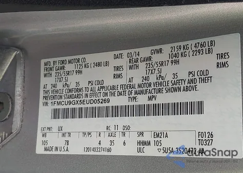 2014 Ford Escape Se из США, поврежденный, VIN 1FMCU9GX5EUD05269